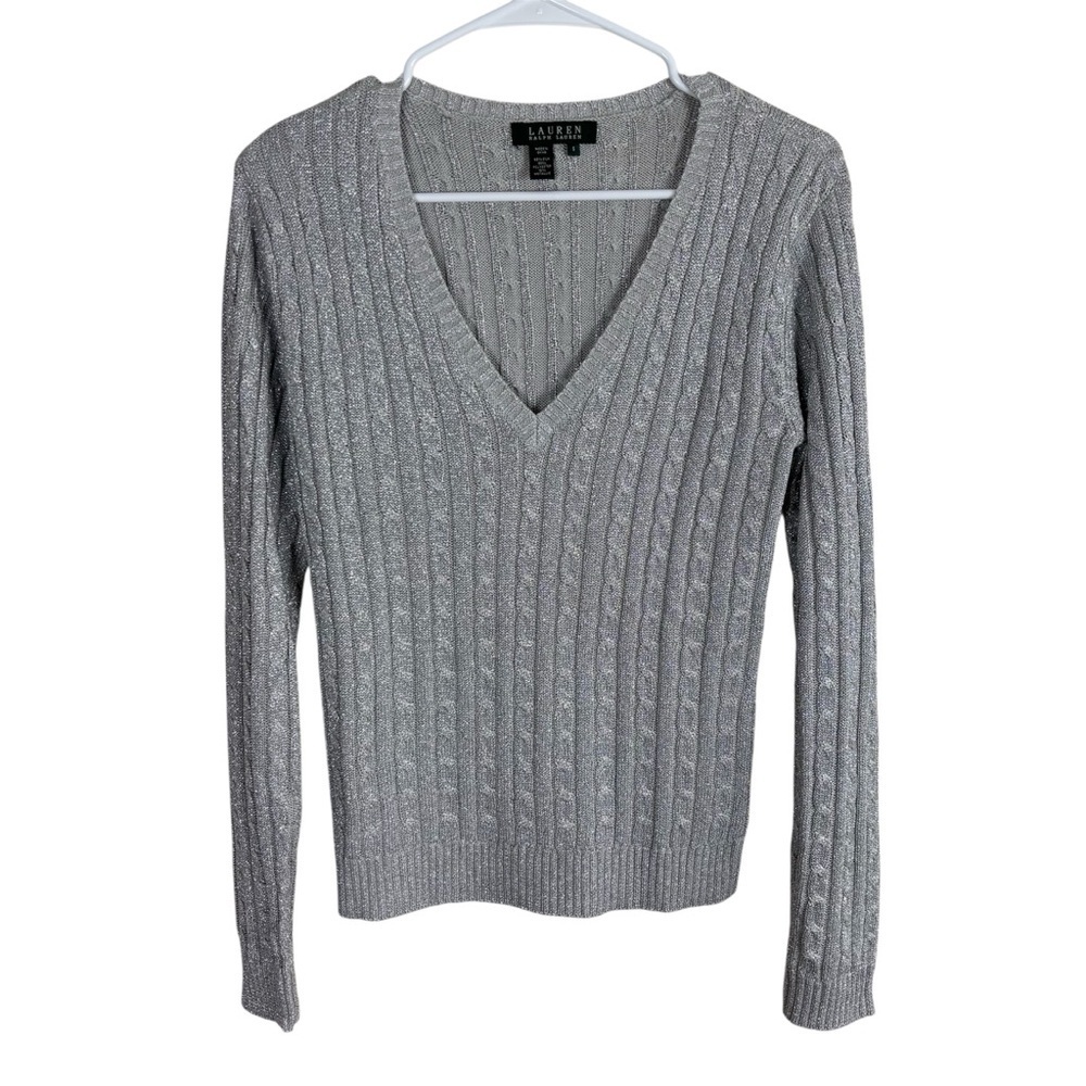 Lauren Ralph Lauren Cable Knit Silk Sweater Women’s Sz S Silver Metallic V-Neck